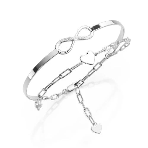 Infinity Herz Armband Silber 925 – Doppelt Layered, Mit Zirkonia, Verstellbar 17+4 Cm, Geschenk Für Sie