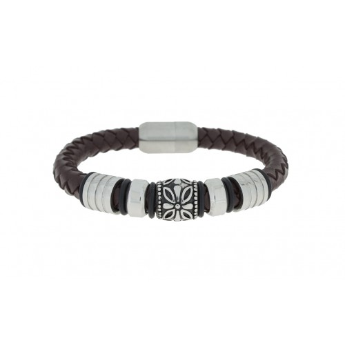 Herrenarmband -Clochard Fashion- 304& 316L stainless steel & Genuine leather 2row woven white cotton magnetic clasp