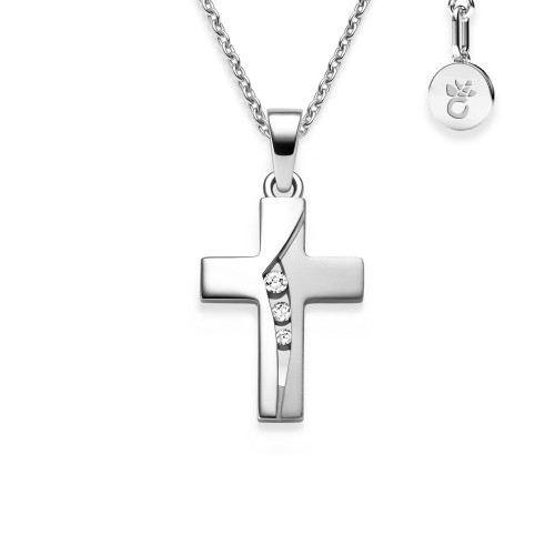 AMOONIC Kreuz Kette "Belief" Kreuzanhänger mit 3 Zirkonia Steinen - Kinder-Schmuck (individuell anpassbare Halskettenlänge)